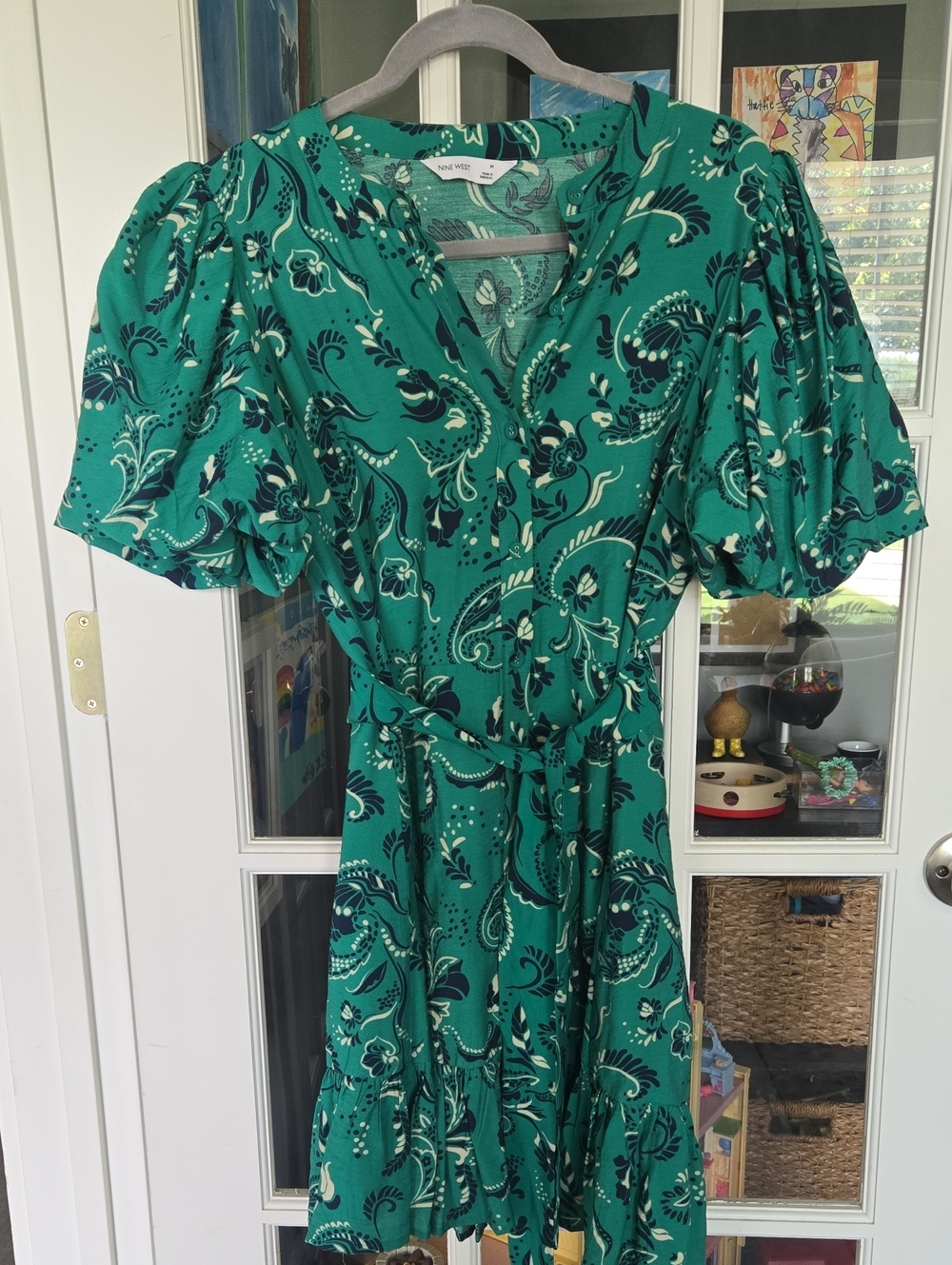 Nine West Green Paisley Puff-Sleeve Button Front Dress